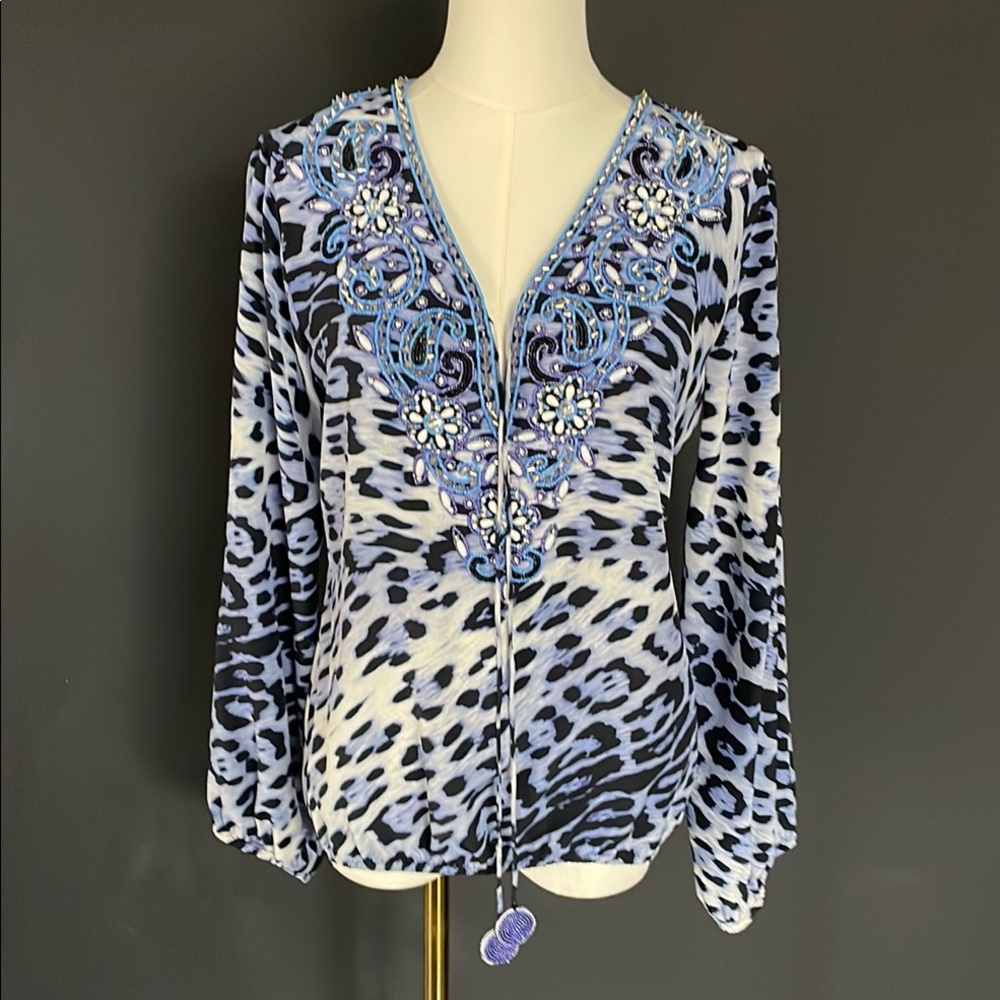 TAJ Embellished SILK leopard Blue and Black Women's Top